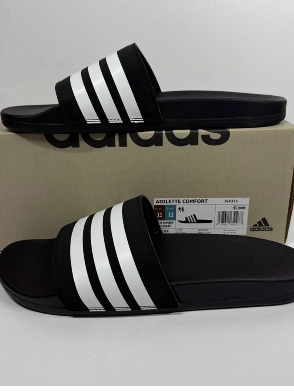adidas Black and White Three-Stripe Slide Sandals - Men